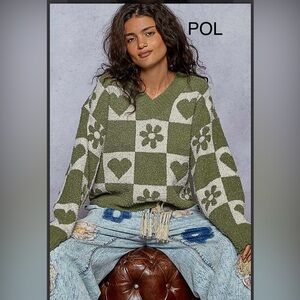 BP218-1💚New! POL pretty Olive and Cream check+heart  V-Neck Sweater-so cute!